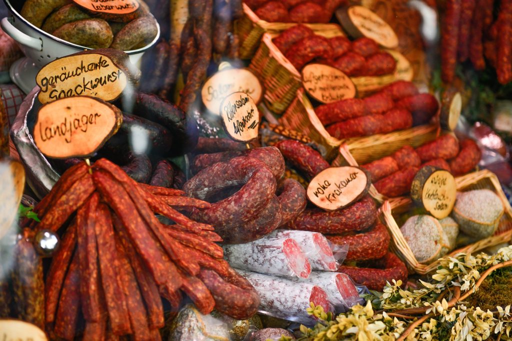 Salami and sausages in a shop window in Germany